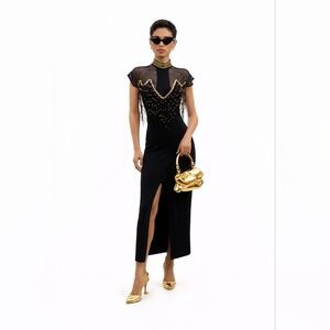 4-U Black Beaded Fringe Evening Bodycon Party Cocktail Midi Dress Glam S